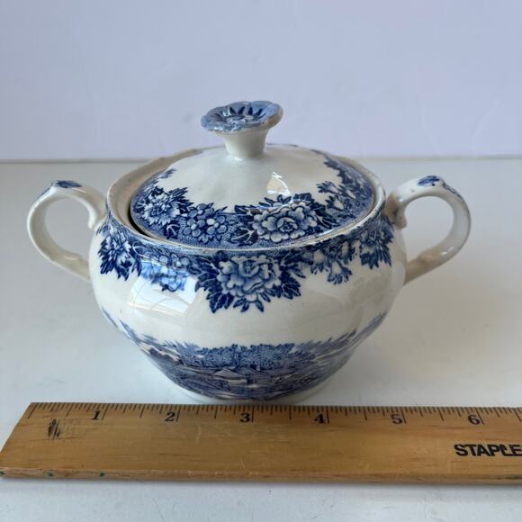 Vintage Salem China English Village Sugar Bowl & Lid Blue Olde Staffordshire - Picture 9 of 12